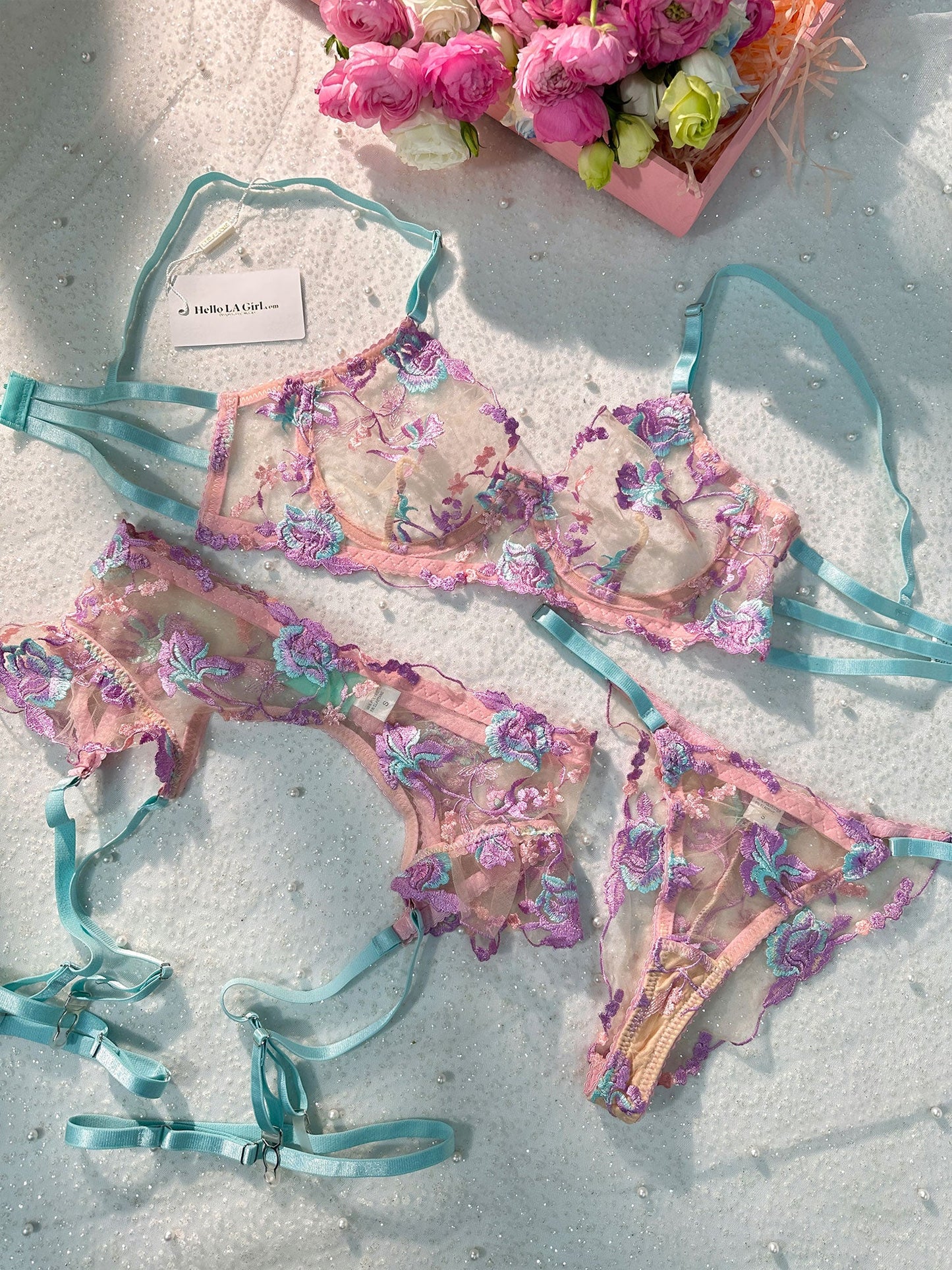 Free Shipping For  Pastel Petal Mesh Lingerie Set