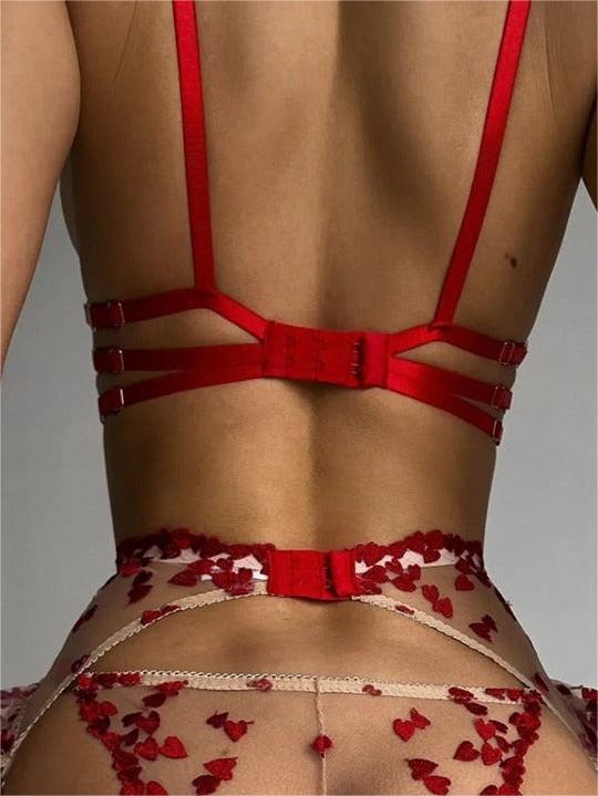 Free Shipping For  Romantic Red Heart Embroidered See-through Lingerie