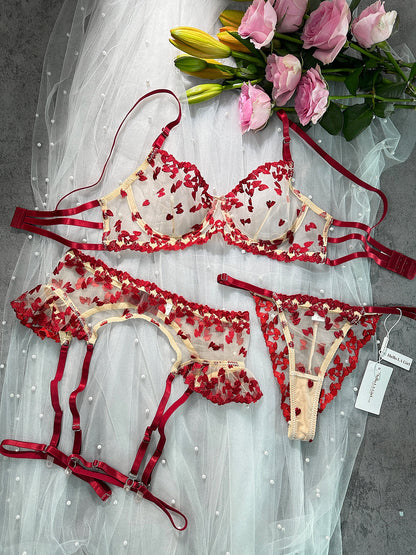 Free Shipping For  Romantic Red Heart Embroidered See-through Lingerie