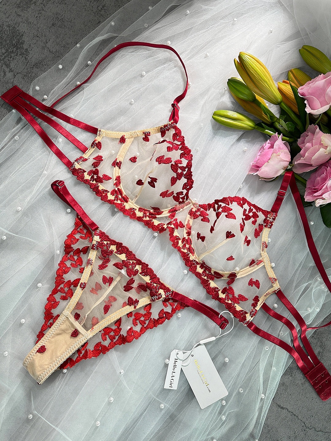 Free Shipping For  Romantic Red Heart Embroidered See-through Lingerie