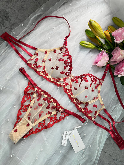 Free Shipping For  Romantic Red Heart Embroidered See-through Lingerie