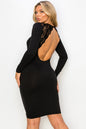 Free Shipping For Womens Backless Lace Trim Midi Long Sleeve Dress