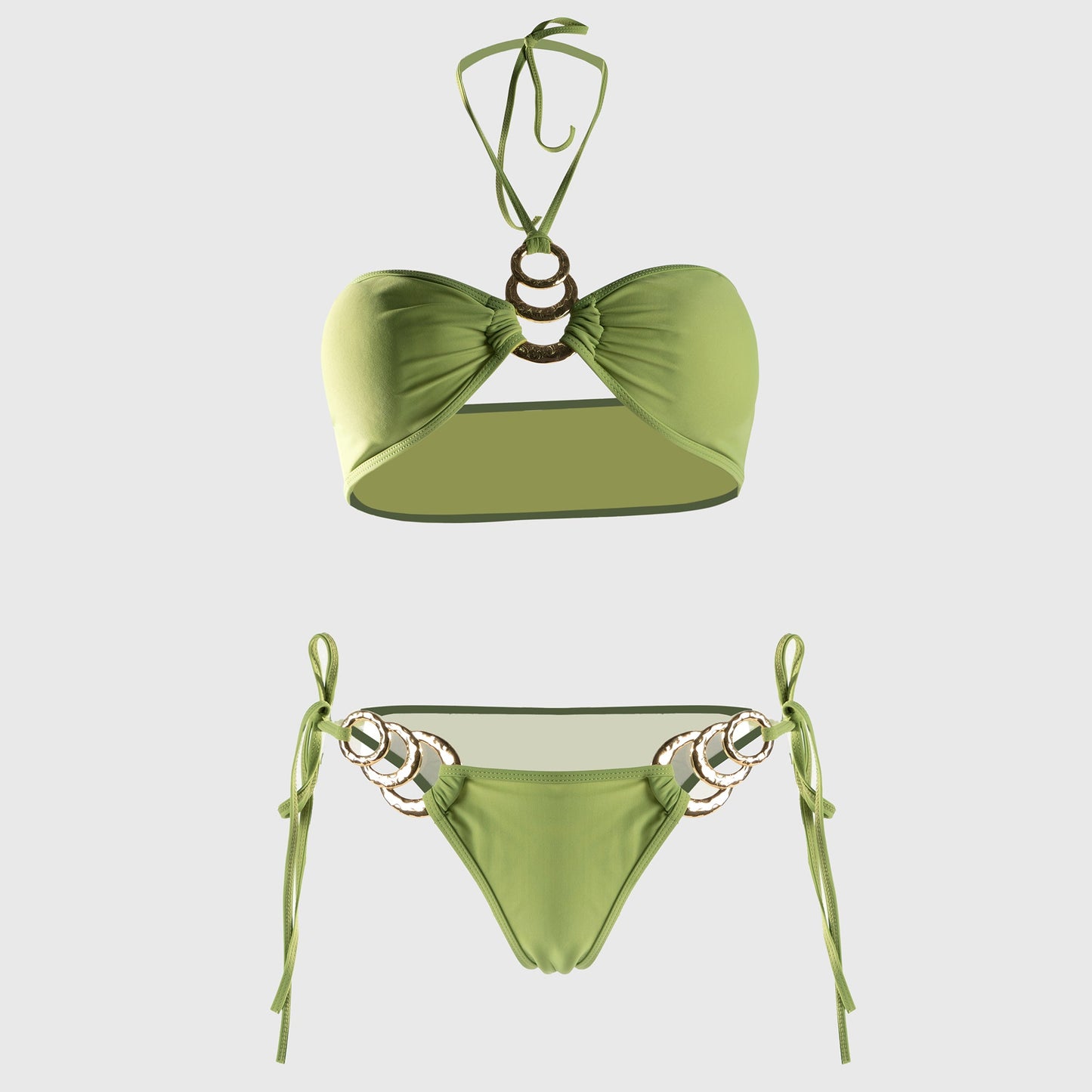 Free Shipping For Green Metal Hollow Bikini Tube Top Strap Bikini Set