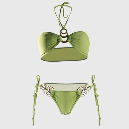 Free Shipping For Green Metal Hollow Bikini Tube Top Strap Bikini Set