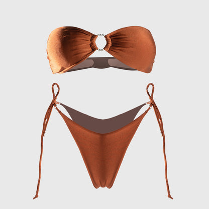 Free Shipping For coffee solid color bandeau bikini set