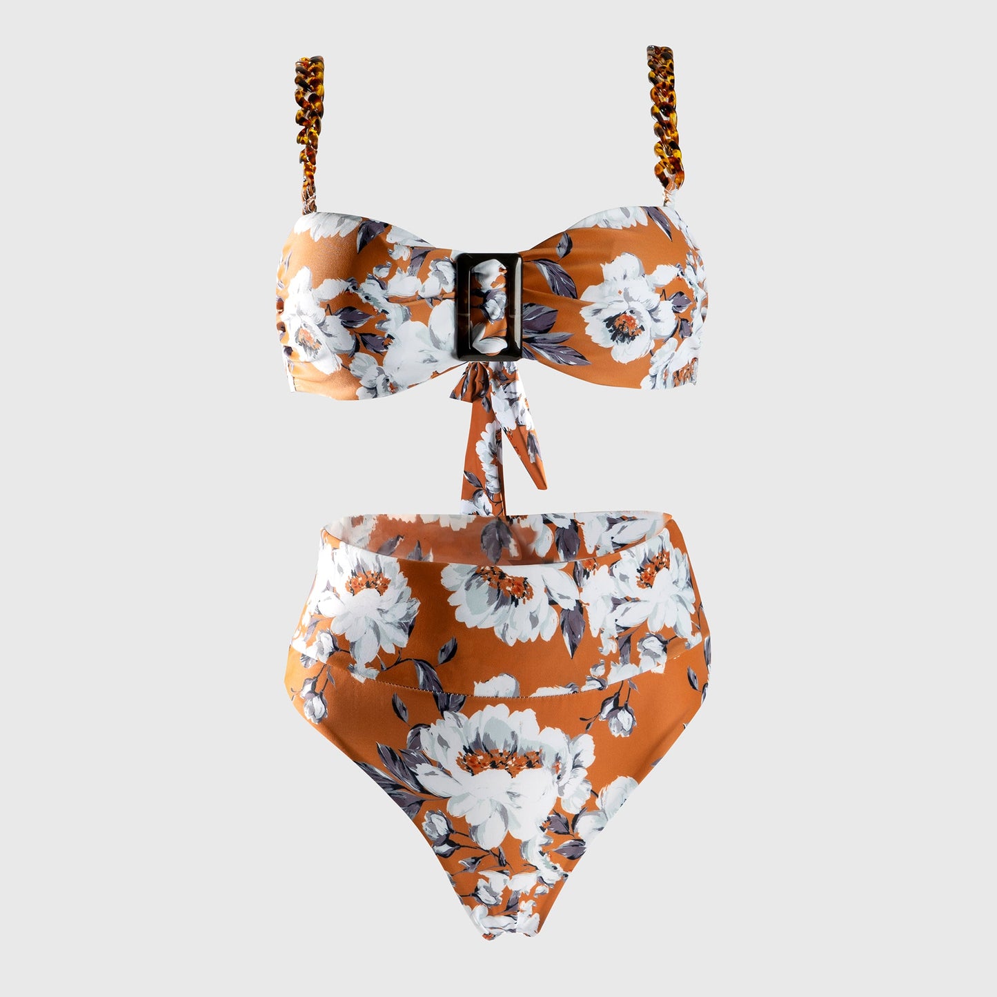 Free Shipping For Chain Strap Bandeau Split Print Bikini Set