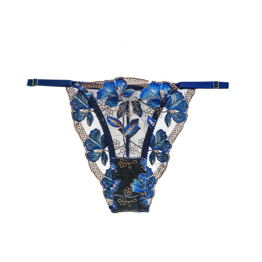 Free Shipping For Blue Embroidered Mesh Sheer Thong