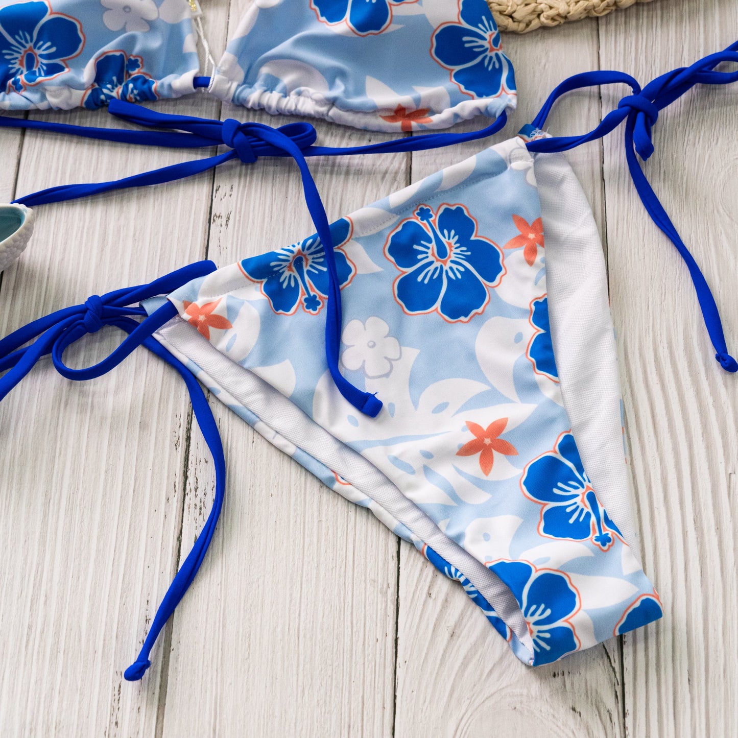 Free Shipping For Blue Floral Print Halter Tie Side Triangle Bikini Set