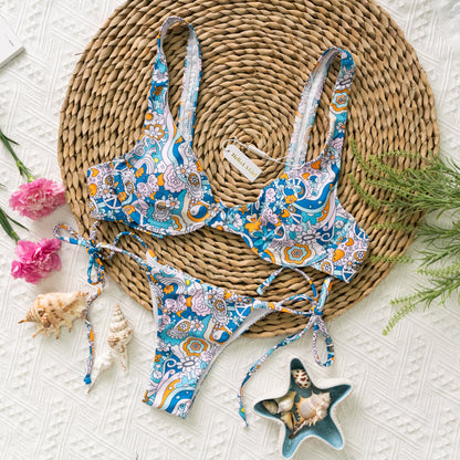 Free Shipping For Blue Flowers Print Drawstring Tie Side Bikini Set