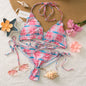 Free Shipping For Pink Lattice Print Halter Lace Up Wavy Trim Bikini Set