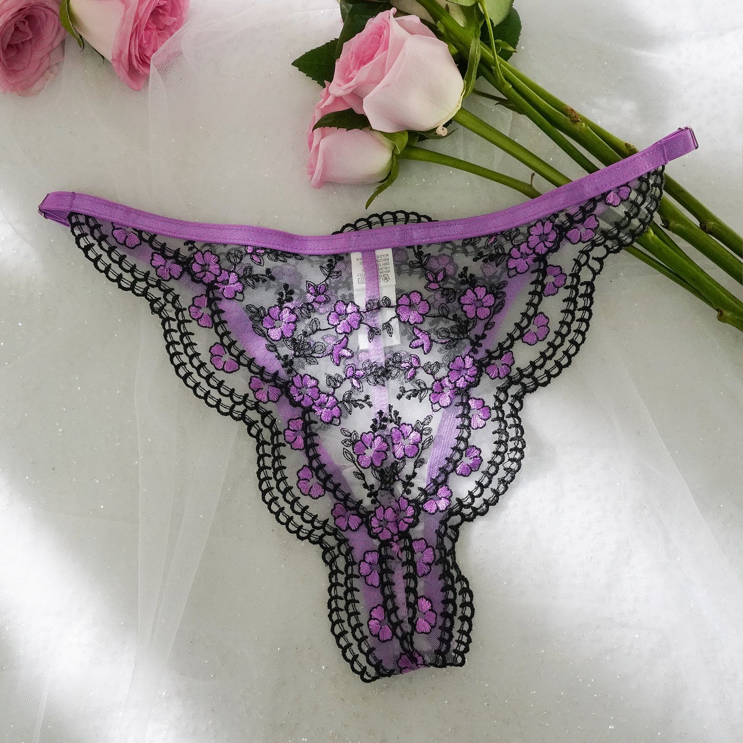 Free Shipping For Purple /Blue Flowers Embroidery Black Trimmed Thong