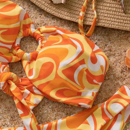 Free Shipping For Orange Cross Bandage Back Tie Halter Bikini Set