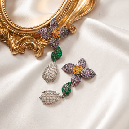 Free Shipping For Golden Plated Glamorous Colorful CZ Pave Flower Earrings