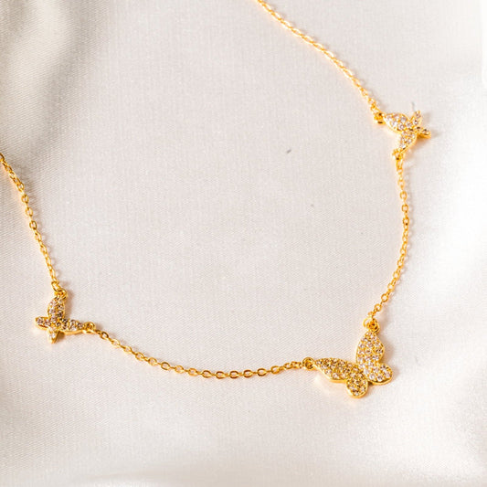 Free Shipping For Golden Plated Diamonds 3-Butterfly Gold Necklace