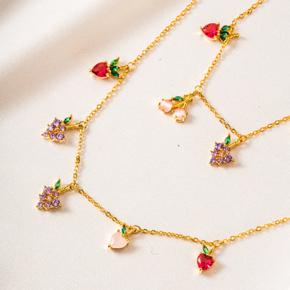 Free Shipping For  Golden Plated Fruit Strawberry&Grape Clavicle Chain Necklace