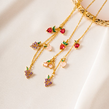 Free Shipping For  Golden Plated Fruit Strawberry&Grape Clavicle Chain Necklace