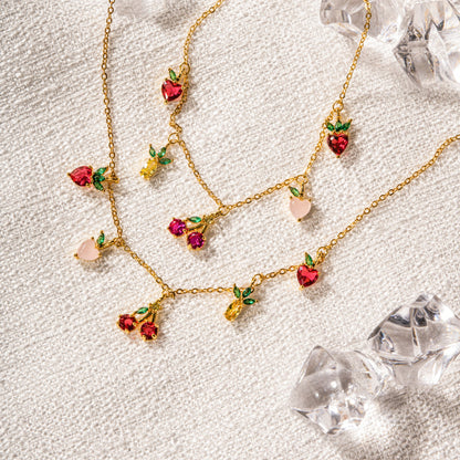 Free Shipping For Golden Plated Gold Fruit Strawberry&Cherry Necklace