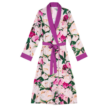 Free Shipping For Pink Flower Print Purple Silky Satin Robe With Belt