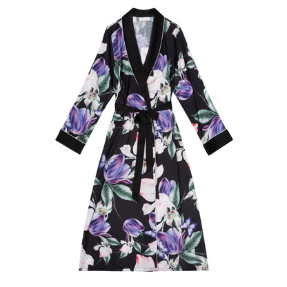 Free Shipping For Purple Flower Print Silky Satin Robe With Belt