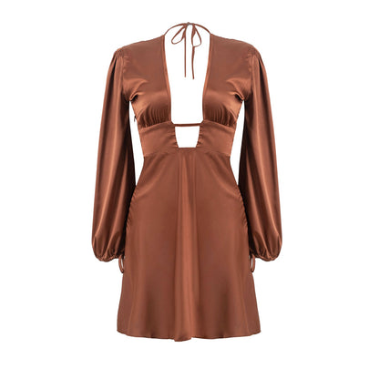 Free Shipping For Sexy Brown Satin Backless Lace up Dress