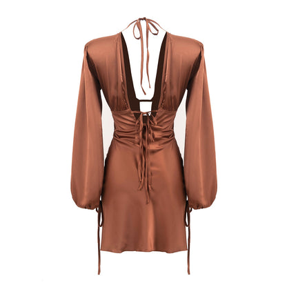 Free Shipping For Sexy Brown Satin Backless Lace up Dress