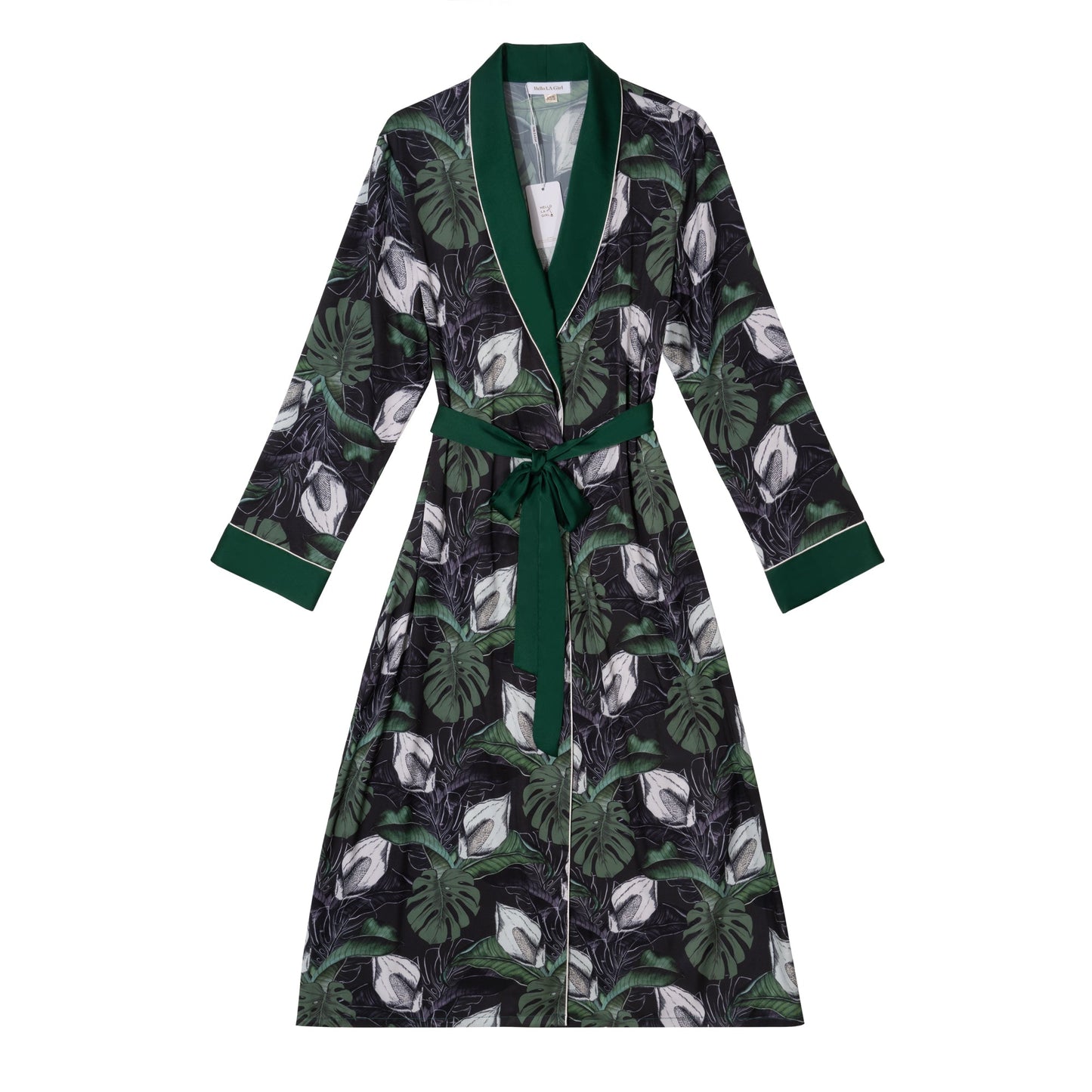 Free Shipping For Tropical Print Green Silky Satin Robe With Belt