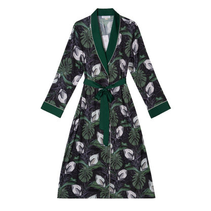Free Shipping For Tropical Print Green Silky Satin Robe With Belt