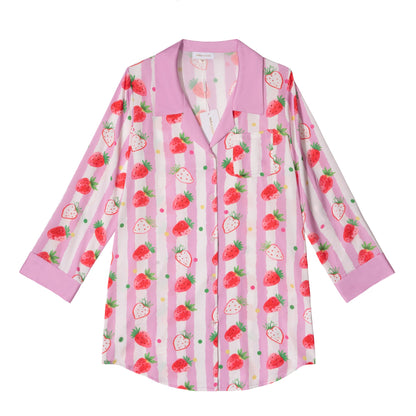 Free Shipping For Strawberries Print Pink Stripes Sleep Shirt Silky Satin Pajamas Sleepshirt