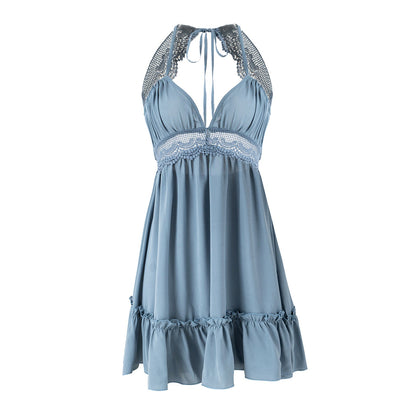 Free Shipping For Blue Floral Lace Ruffle Hem Spaghetti Strap Backless Dress