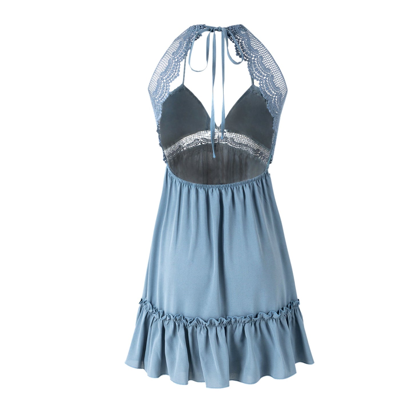 Free Shipping For Blue Floral Lace Ruffle Hem Spaghetti Strap Backless Dress