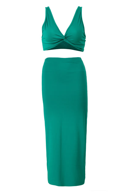 Free Shipping For Green Knitted Tie Front Sleeveless Crops Top With Slit Long Dress