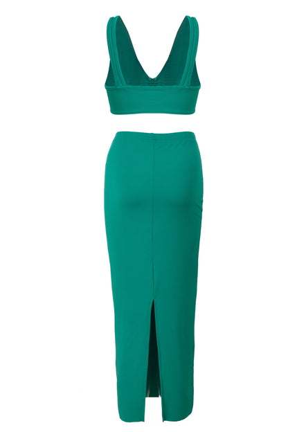 Free Shipping For Green Knitted Tie Front Sleeveless Crops Top With Slit Long Dress