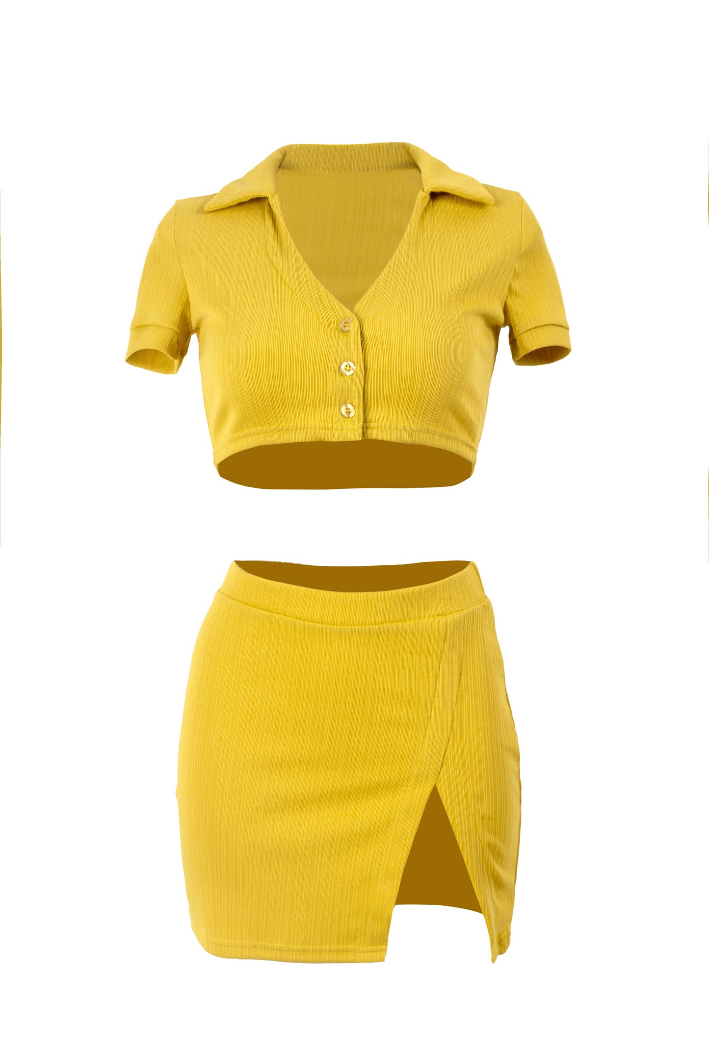 Free Shipping For Yellow Solid Ribbed Polo Neck Buttons Crop Top With Slit Mini Dress