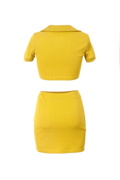 Free Shipping For Yellow Solid Ribbed Polo Neck Buttons Crop Top With Slit Mini Dress