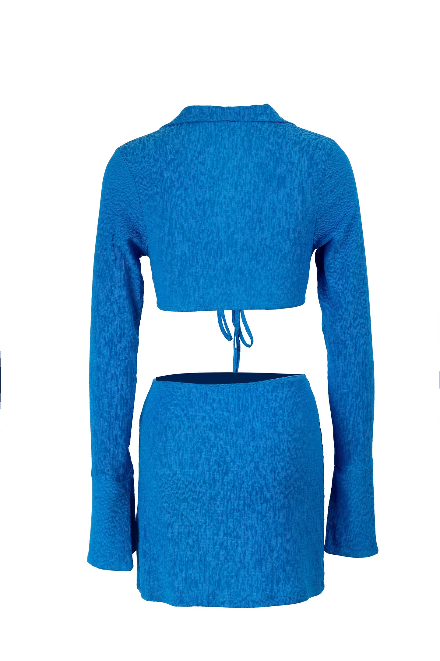 Free Shipping For Solid Blue Long Sleeve Lace up Tops With Split Half Dress