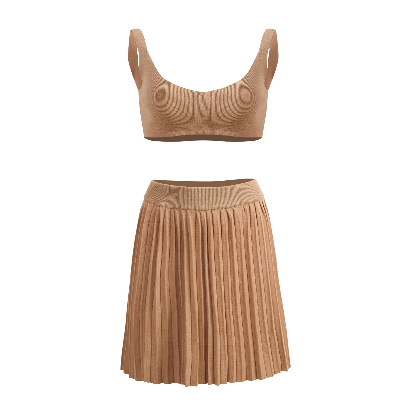 Free Shipping For Khaki Sleeveless Bra Crop Tops With Pleated Short A-line Dress