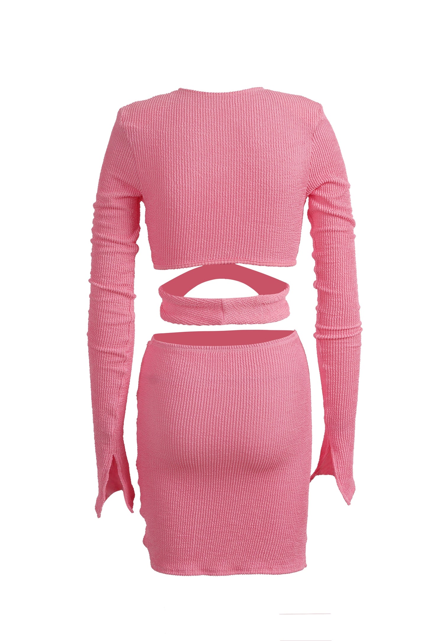 Free Shipping For Solid Pink Long Bell Sleeve Two-piece Stretchable Dress