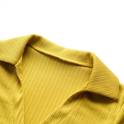 Free Shipping For Yellow Solid Ribbed Polo Neck Buttons Crop Top With Slit Mini Dress