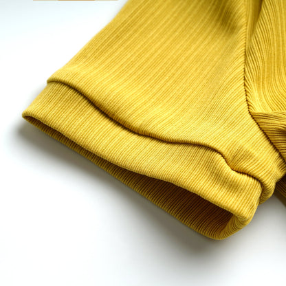 Free Shipping For Yellow Solid Ribbed Polo Neck Buttons Crop Top With Slit Mini Dress