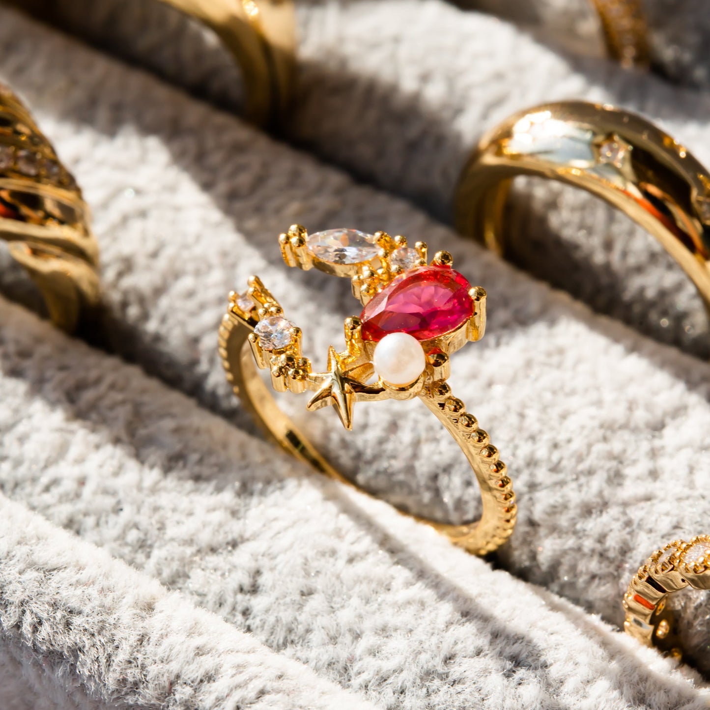 Free Shipping For  Golden Plated Moon Inlaid Gold Ruby Ring