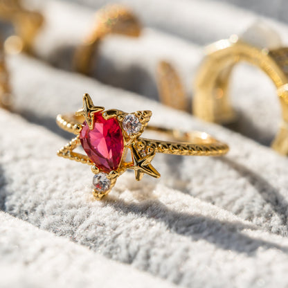 Free Shipping For Golden Plated Five-pointed star Inlaid Ruby Ring