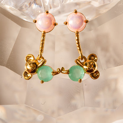 Free Shipping For Golden Plated Bear Gem Pearl Stud Earrings