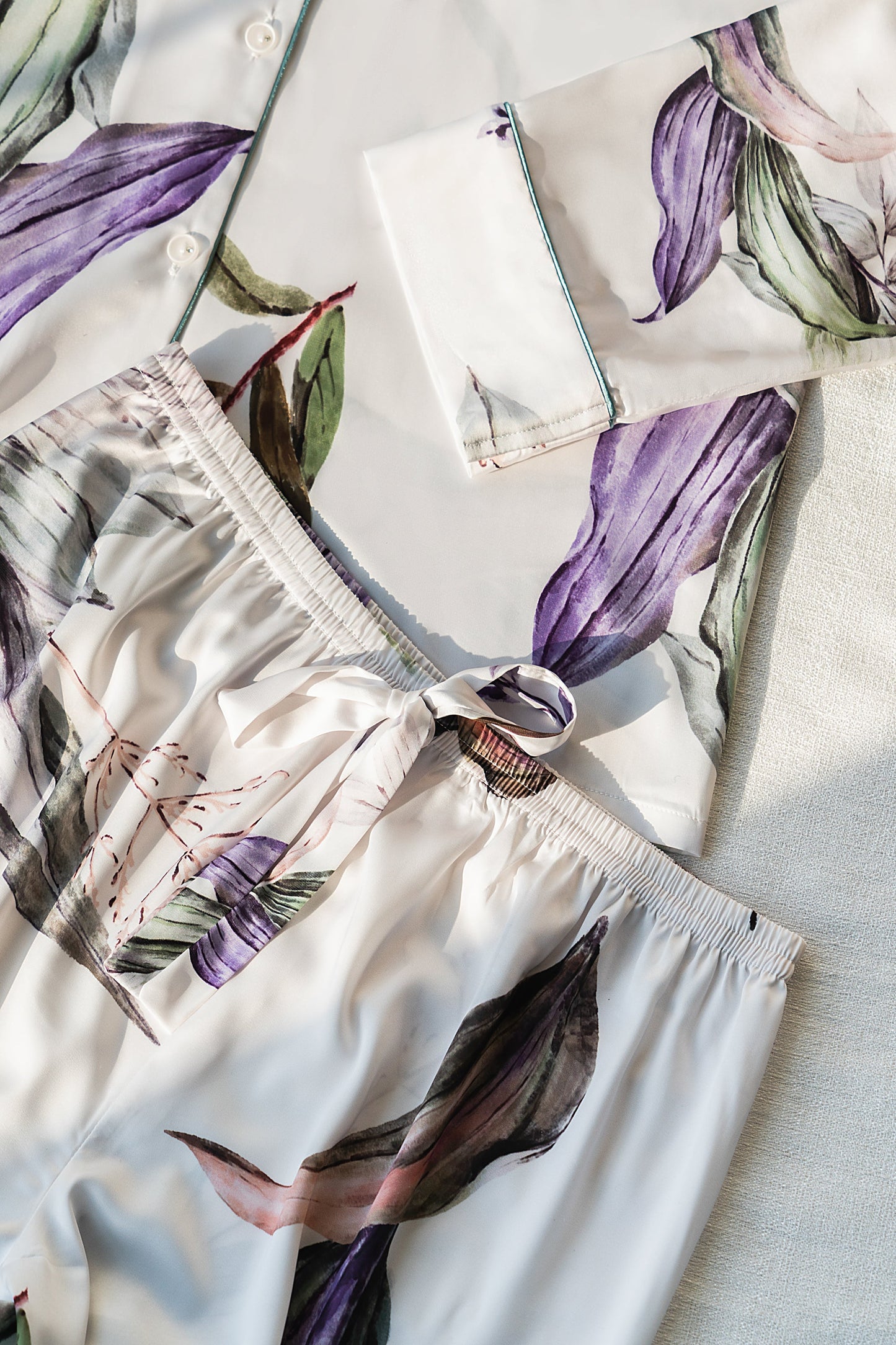 Free Shipping For Purple Flower Print Silky Satin Pajamas Set