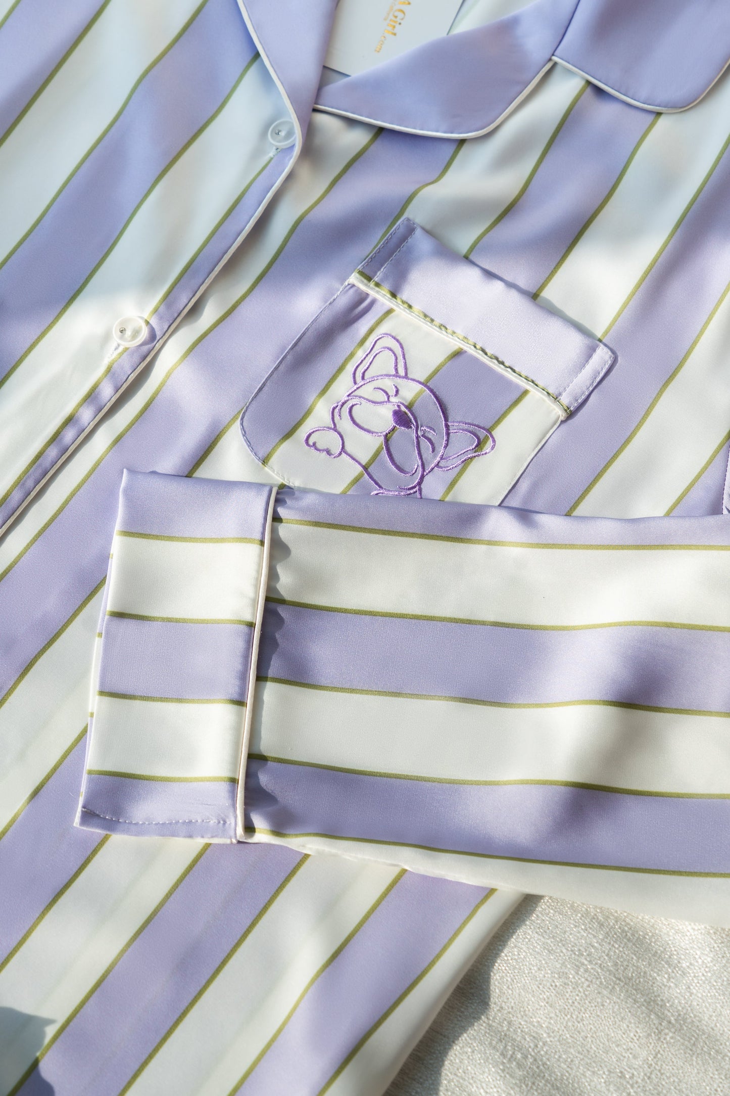 Free Shipping For Purple & White Stripes Silky Satin Pajamas Set