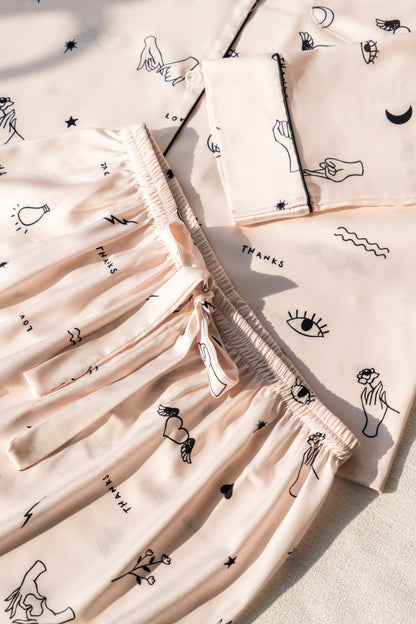 Free Shipping For White Cartoon Print Silky Satin Pajamas Set