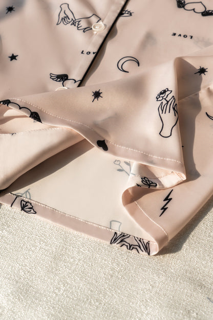 Free Shipping For White Cartoon Print Silky Satin Pajamas Set