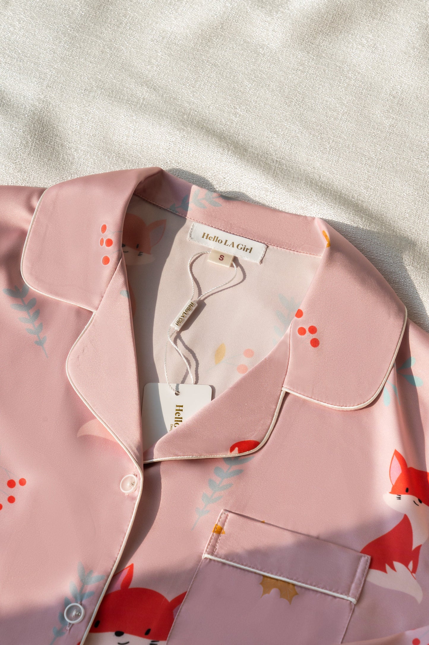 Free Shipping For Pink Fox Print Silky Satin Pajamas Set