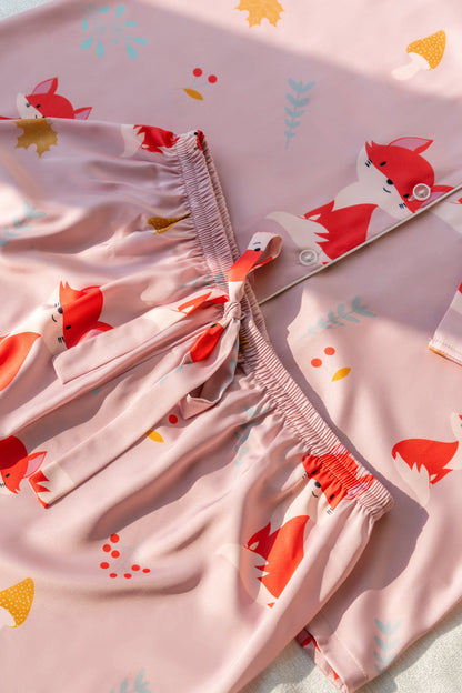 Free Shipping For Pink Fox Print Silky Satin Pajamas Set