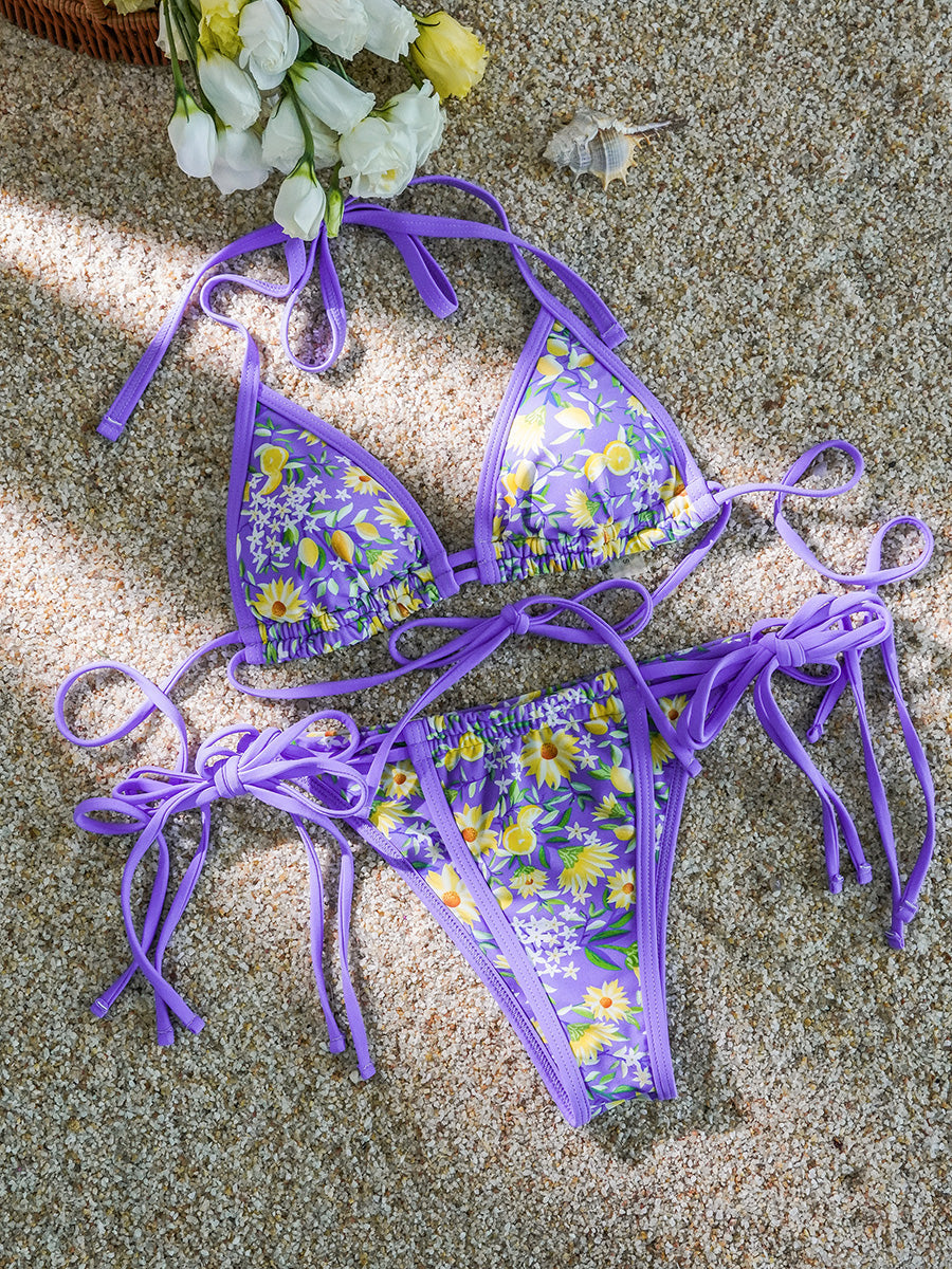 Free Shipping For Purple Flowers Double Fabric Bikini Set