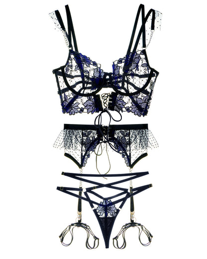 Free Shipping For Black&Blue Lace Tie Adjustable Sculpting Body Lingerie Set